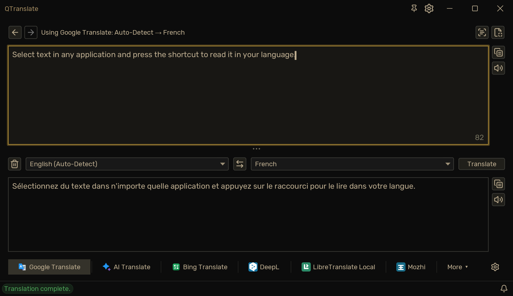 Classic service selector in QTranslate's dark theme