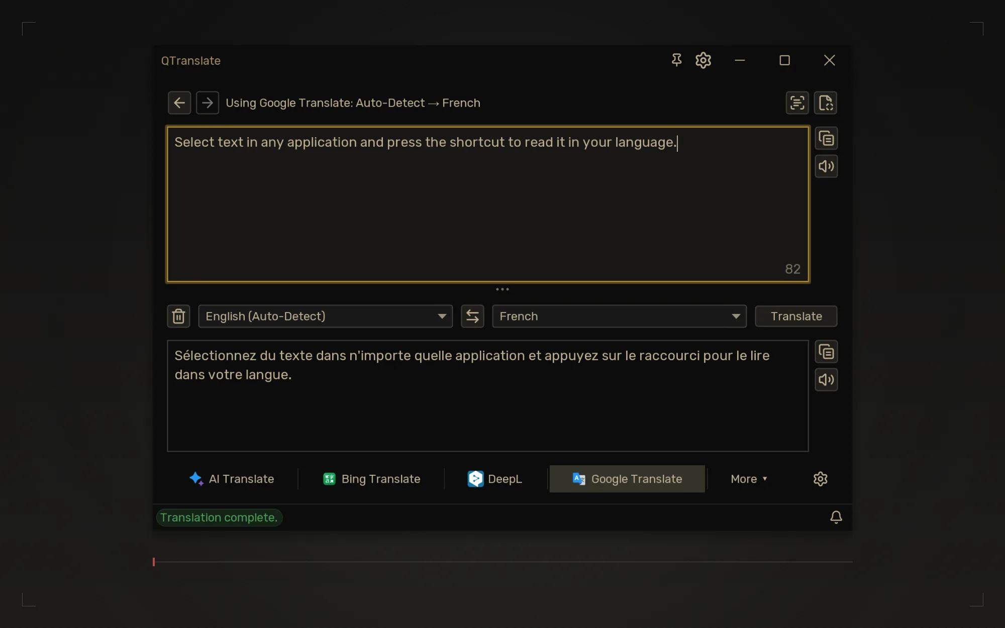 Classic service selector in QTranslate's dark theme