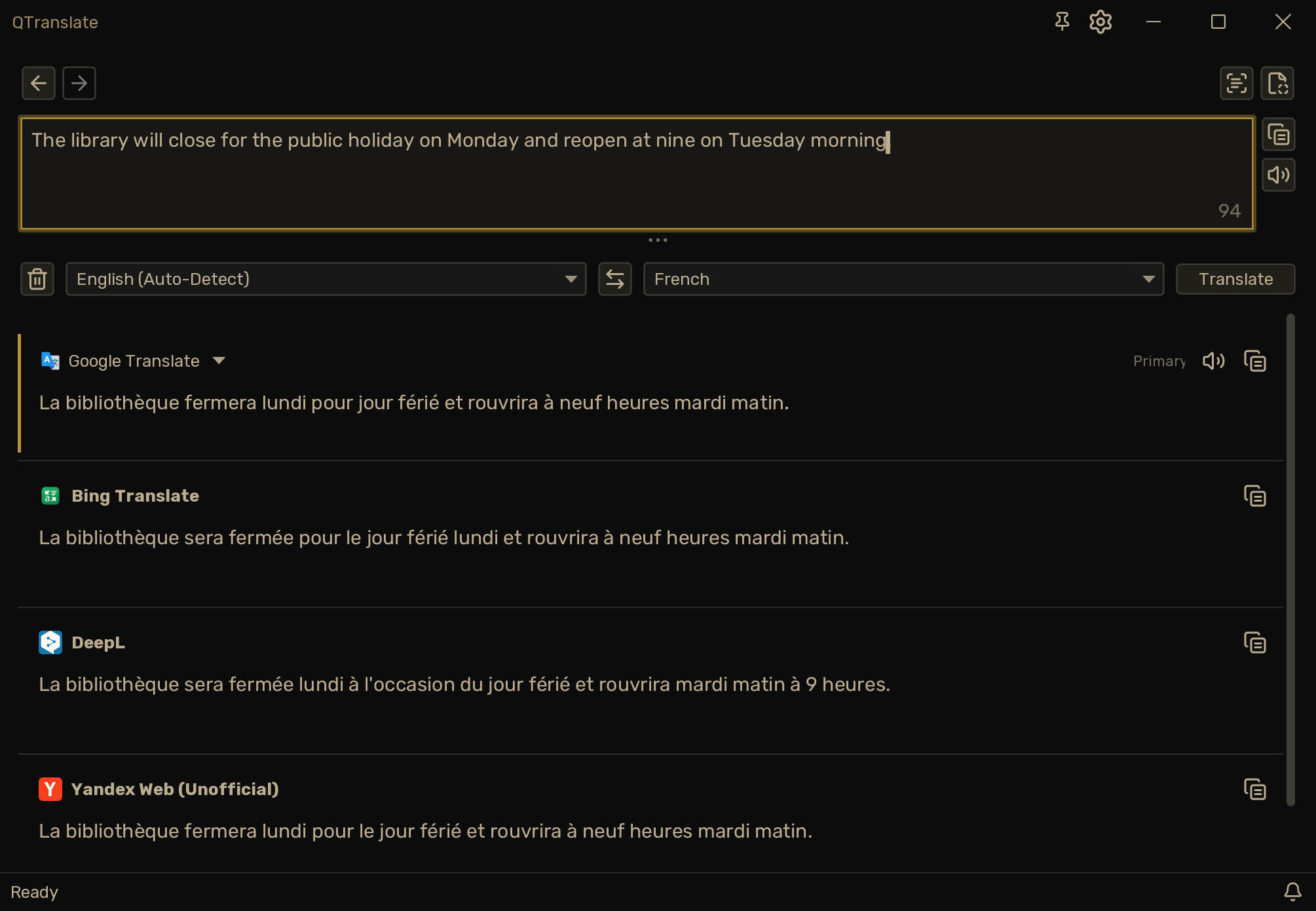 Several translation providers shown together in the Comparison layout