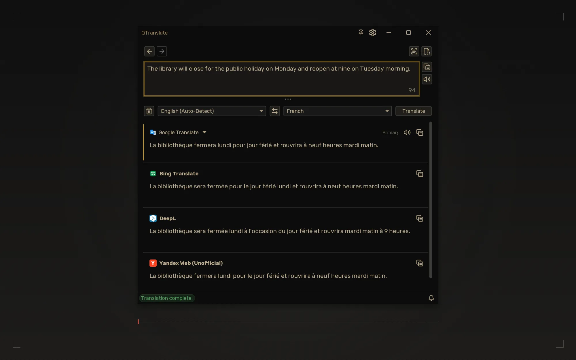 Several translation providers shown together in the Comparison layout, in the dark theme