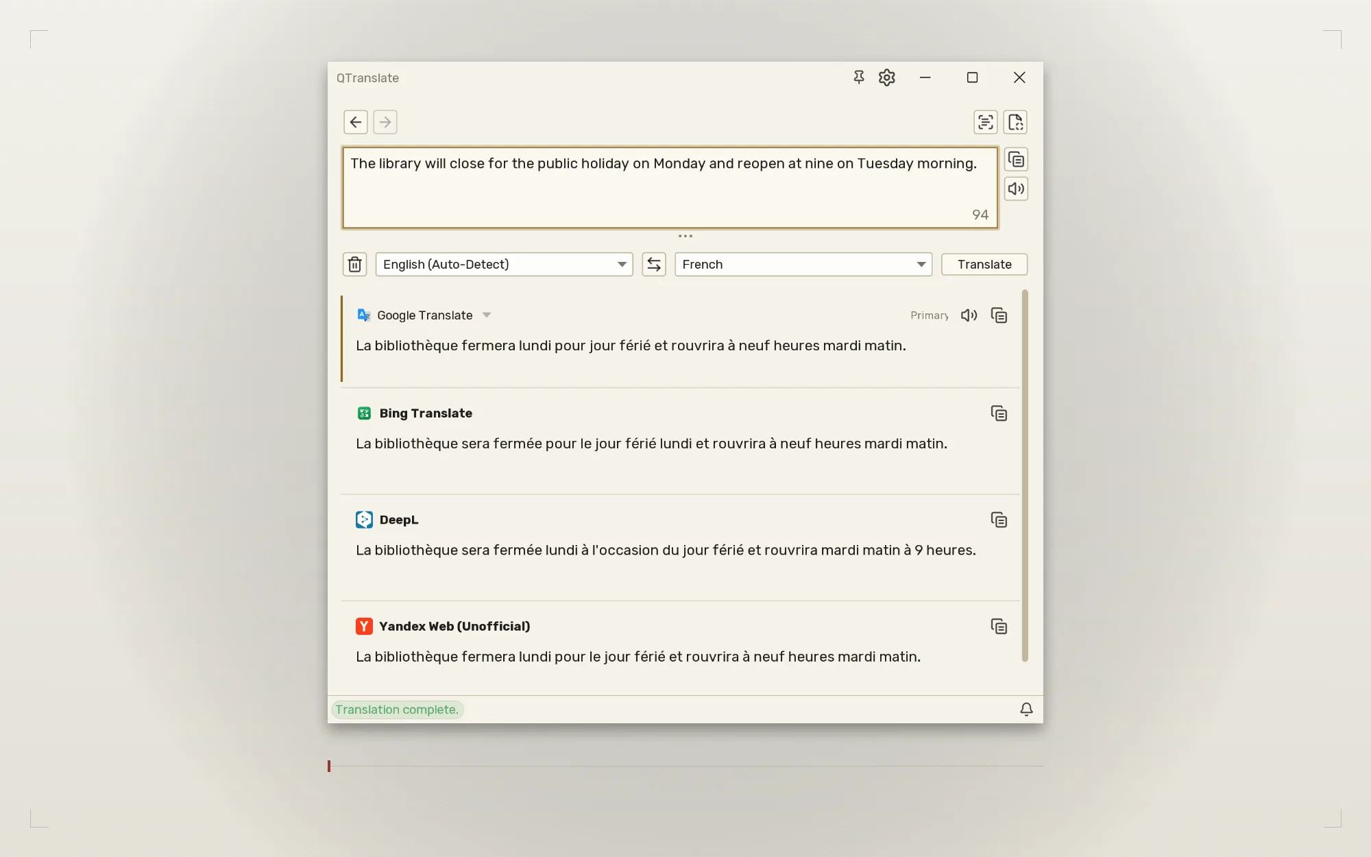 Several translation providers shown together in the Comparison layout, in the light theme