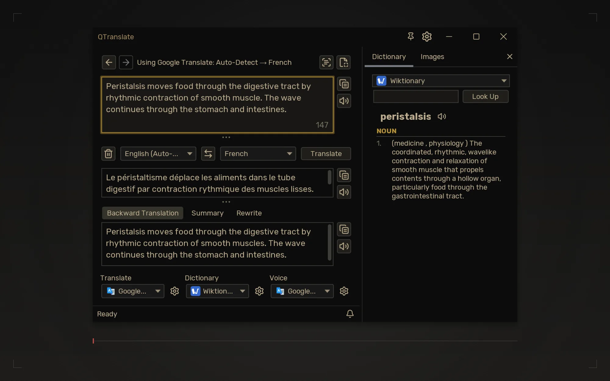 QTranslate — a translation, its backward translation, and the Quick Dictionary open beside them