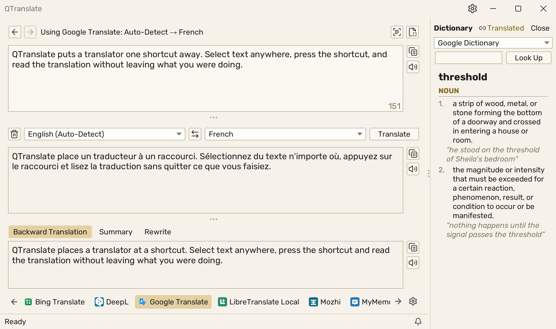 QTranslate — a translation, its backward translation, and the Quick Dictionary open beside them