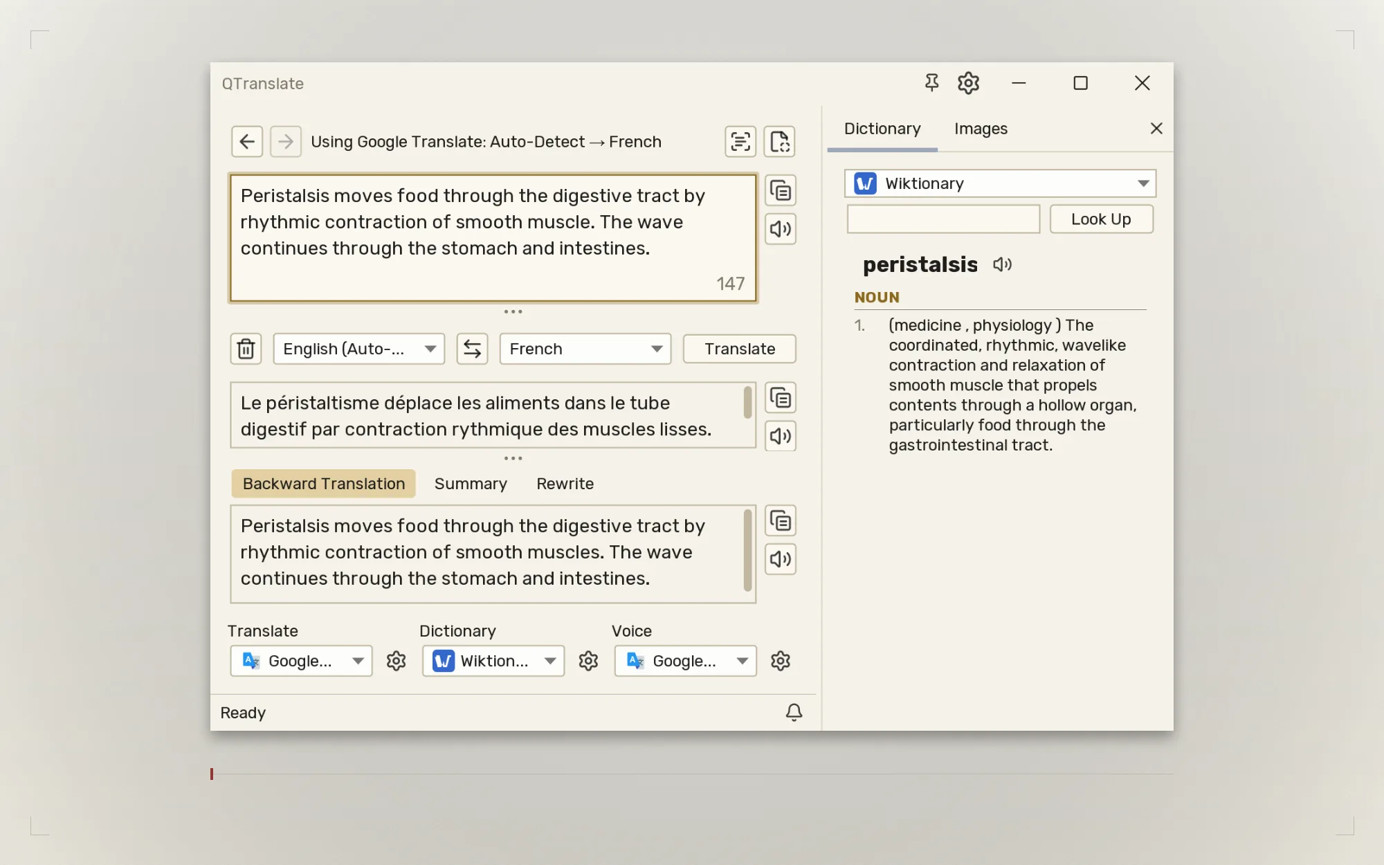 QTranslate — a translation, its backward translation, and the Quick Dictionary open beside them