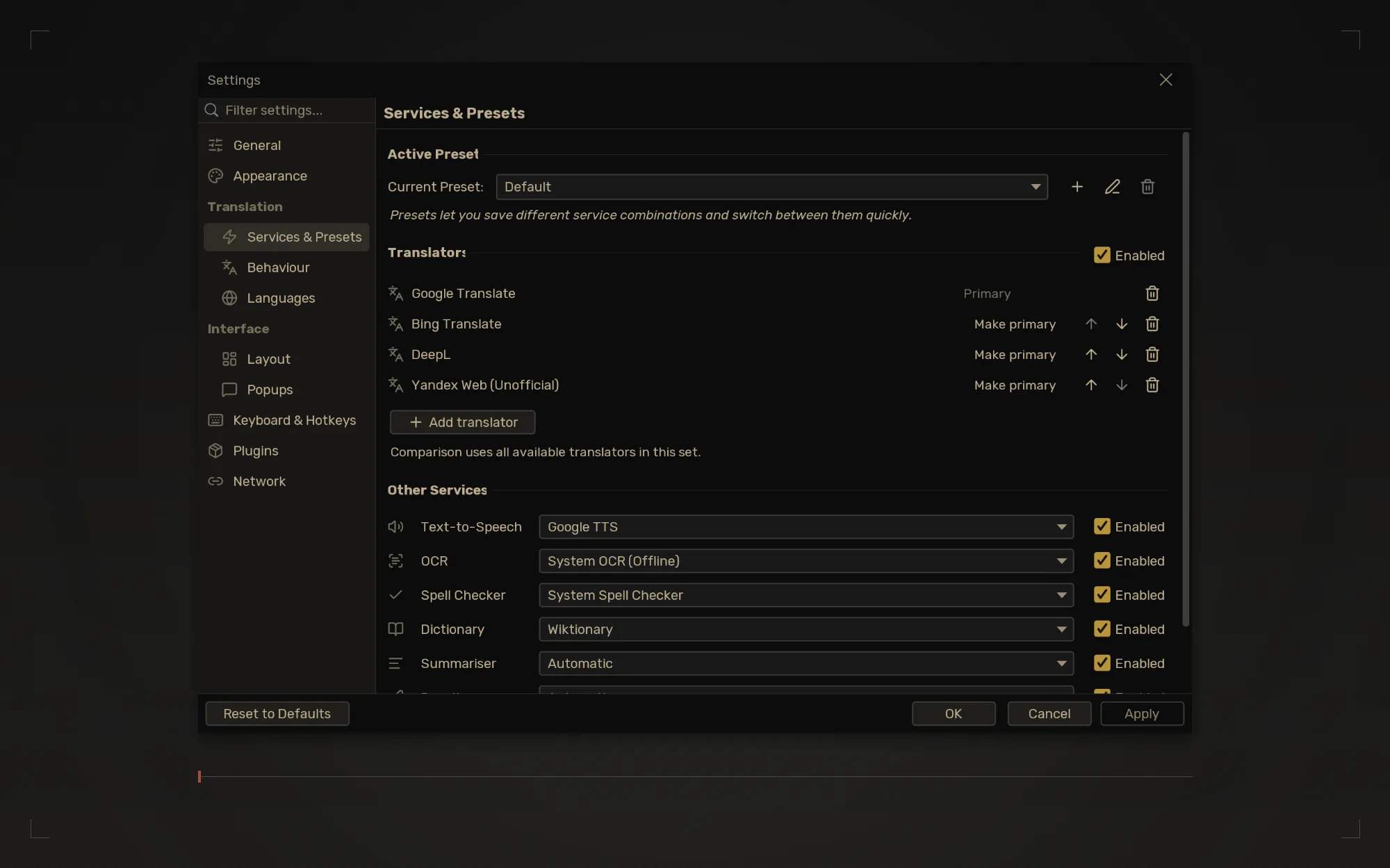 Services and Presets settings, with the System Services entries, in the dark theme
