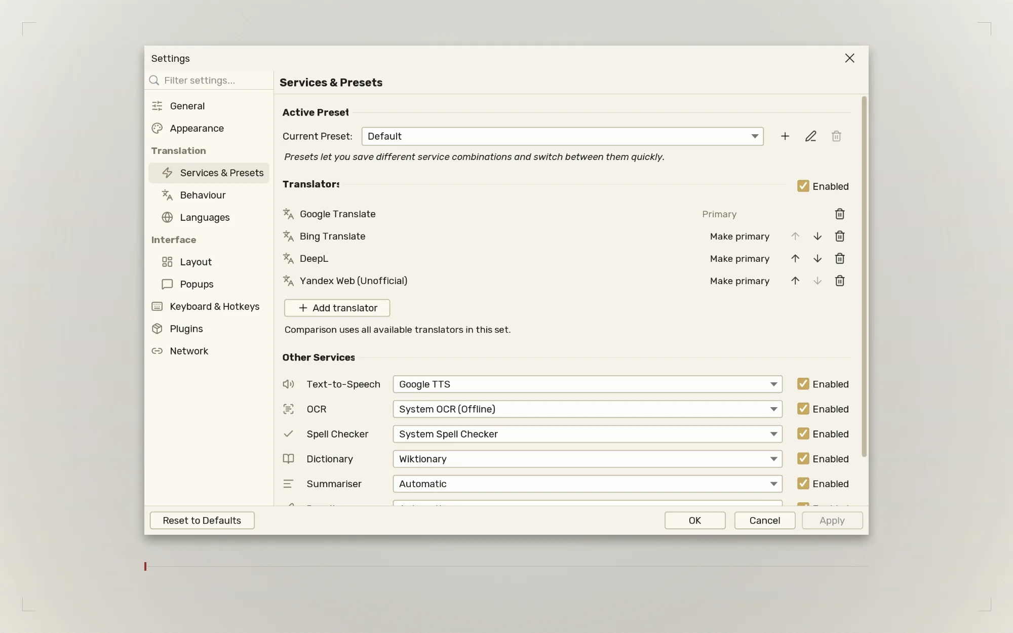 Services and Presets settings, with the System Services entries, in the light theme
