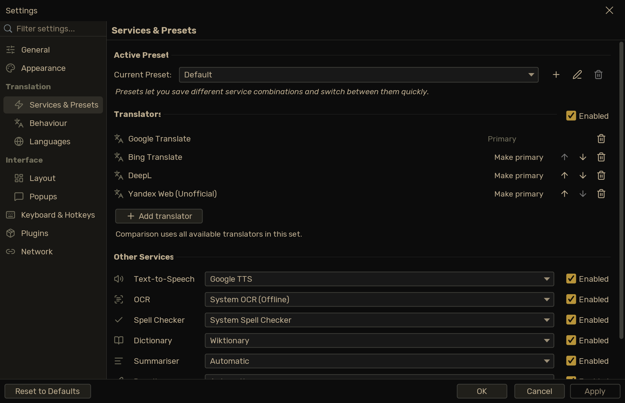 Services and Presets settings with System Services available